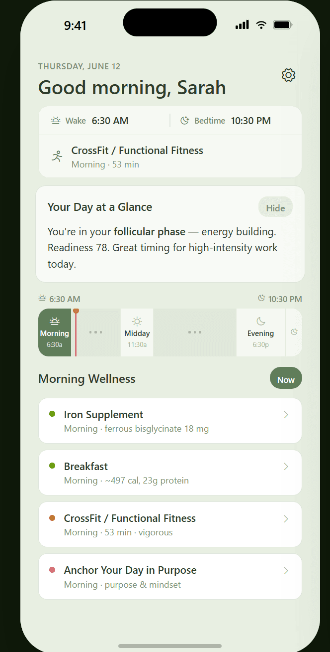 Myta Wellness daily home screen showing personalized cycle, readiness, schedule, movement, nutrition, and lifestyle guidance